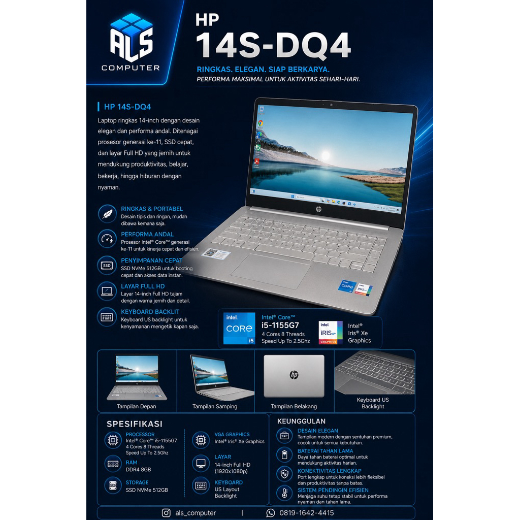HP Laptop 14s Intel Core i5-1155G7 /8GB /NvMe 512GB /Led 14-inch Full HD /Keyboard US Backlight