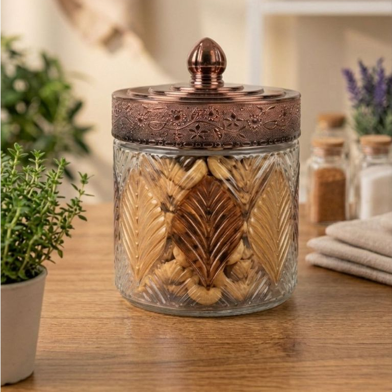 Toples Kaca Emboss Daun Gold | Toples Kaca Mewah Premium | Toples Kue Lebaran Gold
