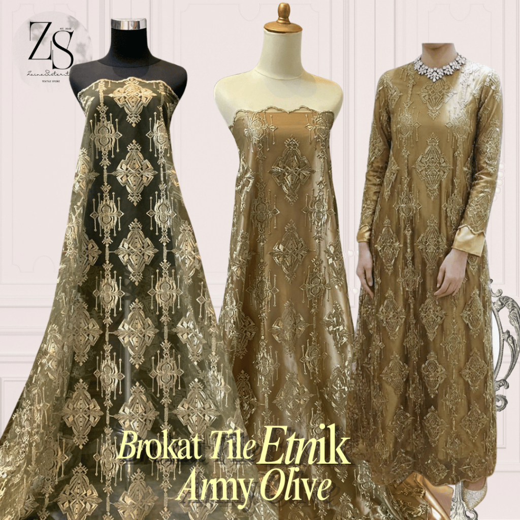 Kain Brokat Tile Bordir Motif Etnik Warna Army Olive Premium / Bahan Kondangan Pesta Kebaya Gamis Me