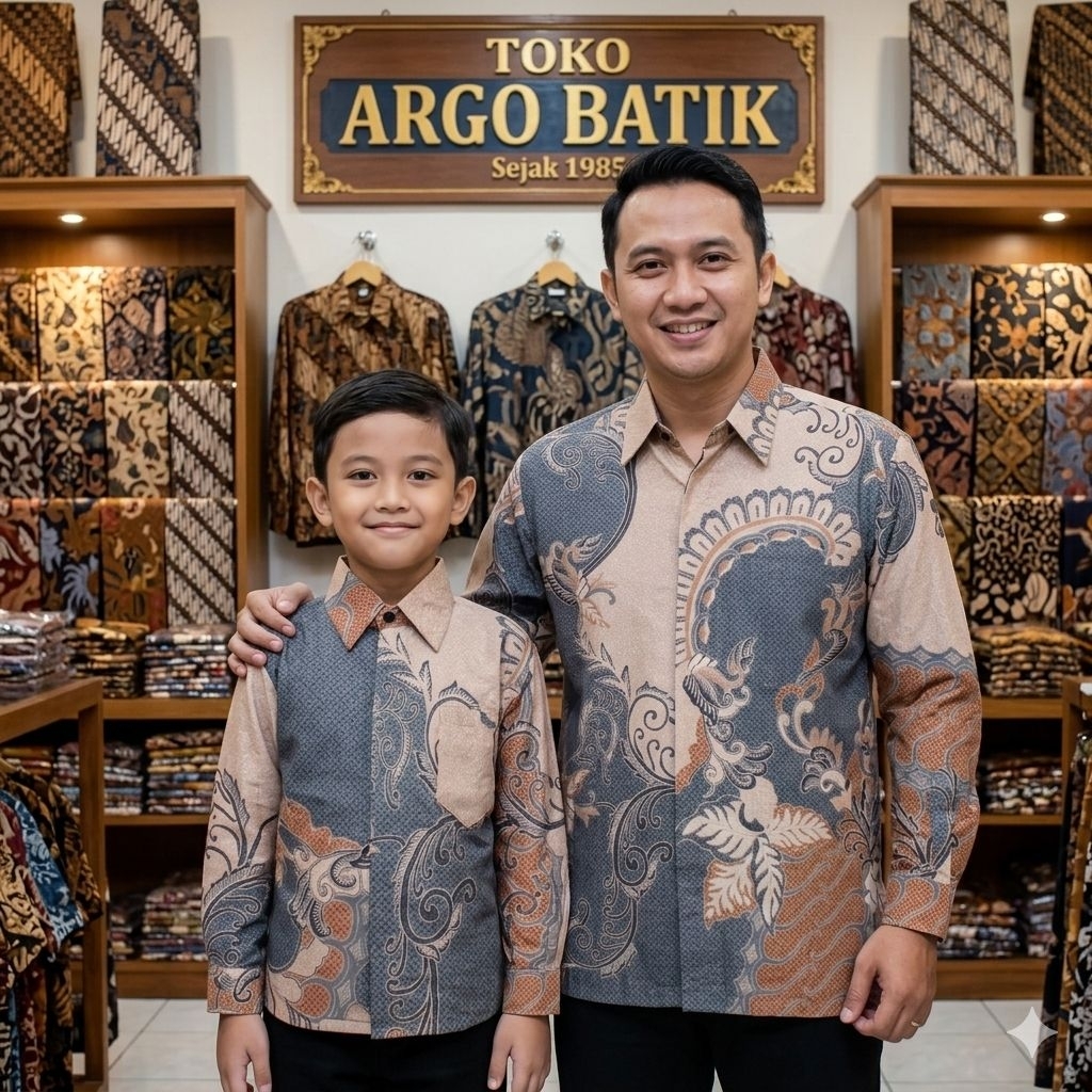 Kemeja Batik Doby Premium Couple Ayah Anak Warna Cream kombinasi Abu Abu