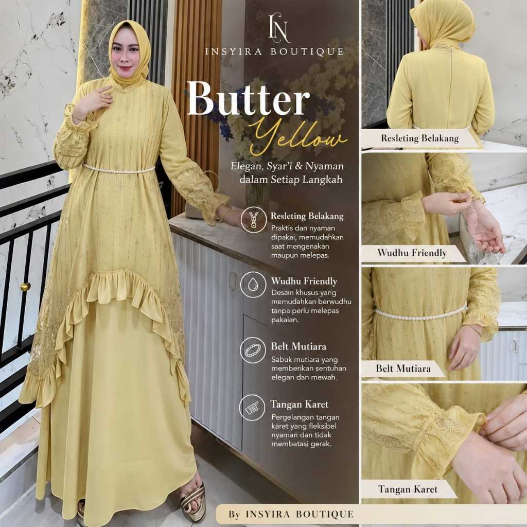 GAMIS BINI ORANG MODEL GAMIS TERBARU 2026 SILVANA DRESS WARNA BUTTER YELLOW  VIRAL MEWAH ELEGAN KEKI