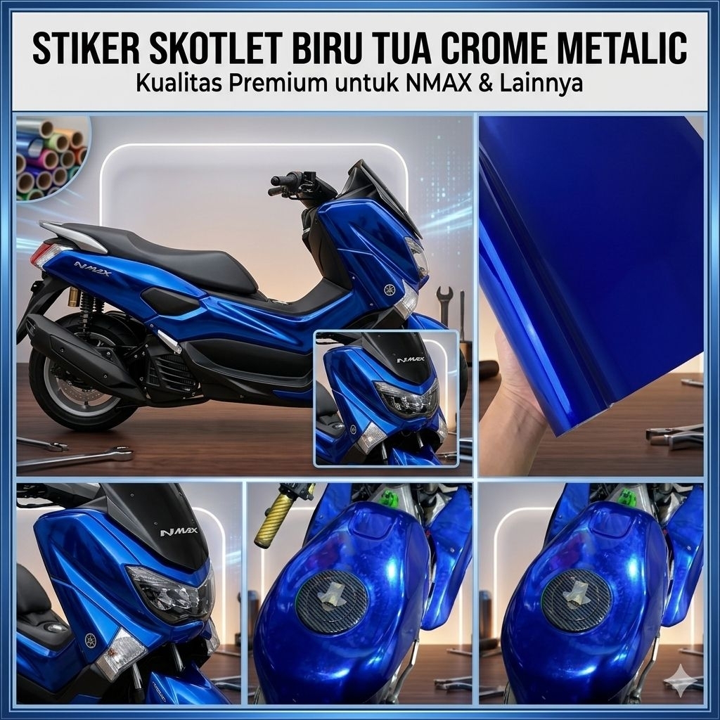 stiker skotlet biru tua crom metalic