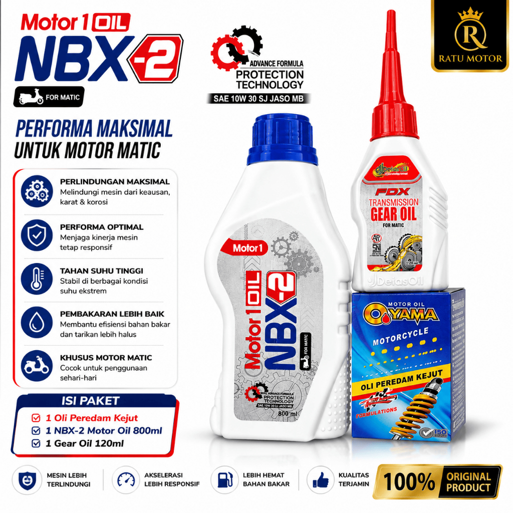 Paket Oli Motor Matic NBX-2 800ml + Gear Oil 120ml + Oli Peredam Kejut | Cocok Beat Vario Scoopy Gen