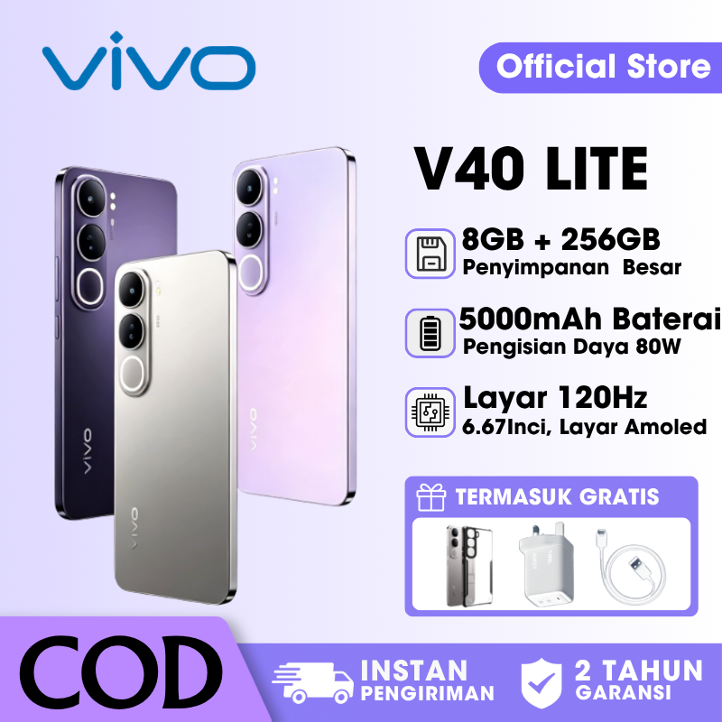 Vivo V40 Lite 5G 8GB 256GB Resmi Indonesia – HP 5G Terbaru 2026, Layar AMOLED FHD+, Fast Charging, K