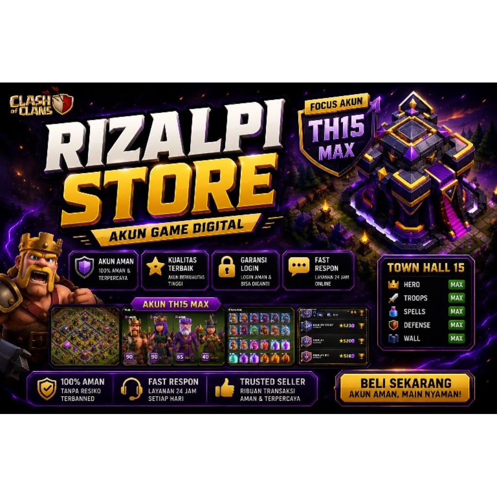 Jual akun game coc Th 15 Semi Max Berbagai Lv pagar Dan Harga clash of clans