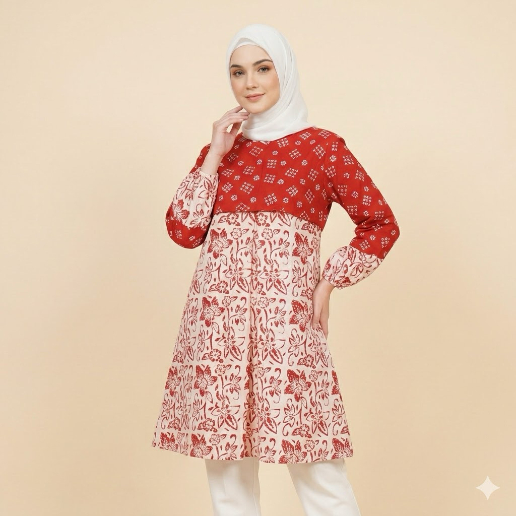 Shanaya Batik Edisi Kemerdekaan Tunik Batik Merah Putih Seling batik Cap Atasan Dress Modern Seragam