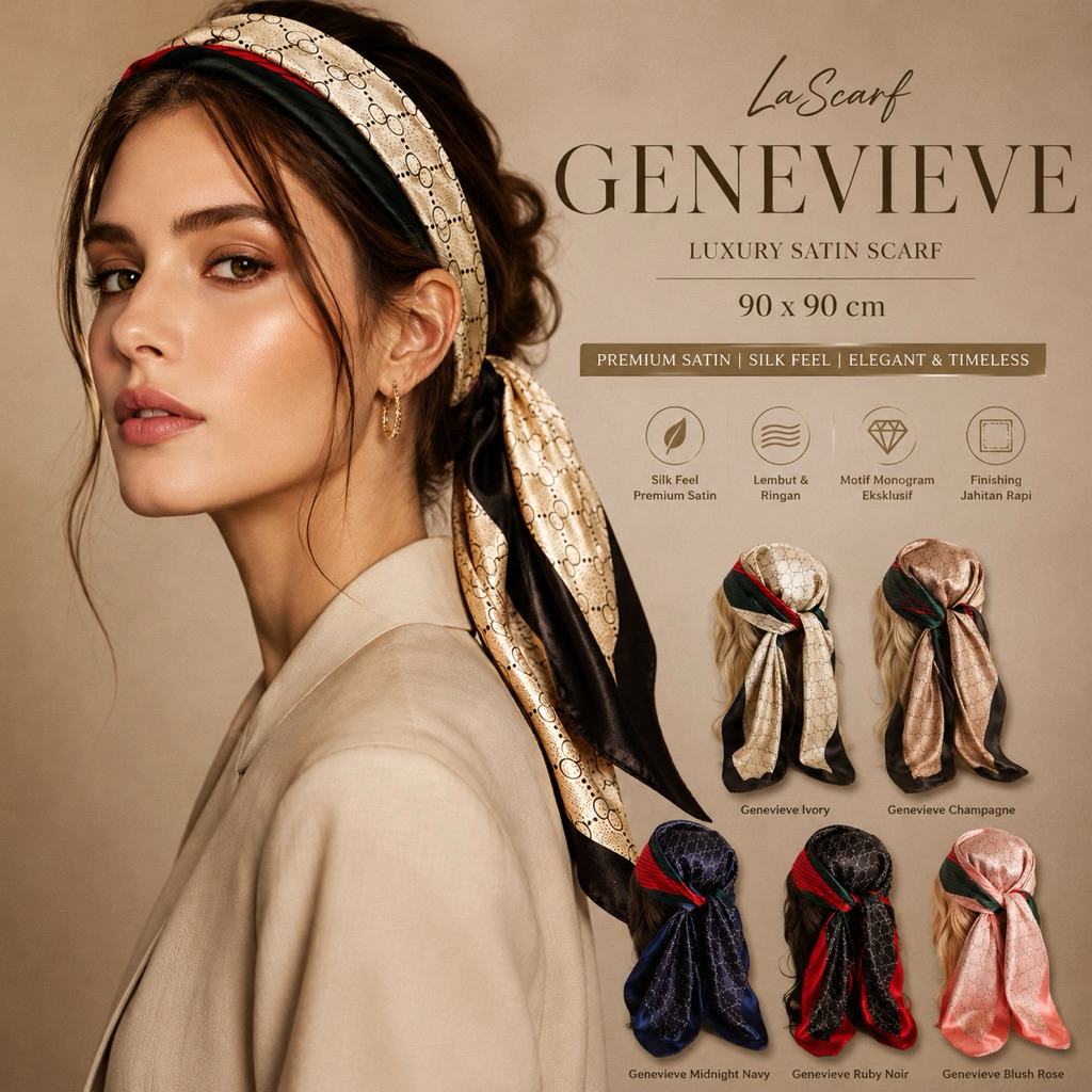 LaScarf Genevieve Premium Satin Scarf 90x90 cm | Luxury Monogram Square Scarf Wanita | Silk Feel Hea