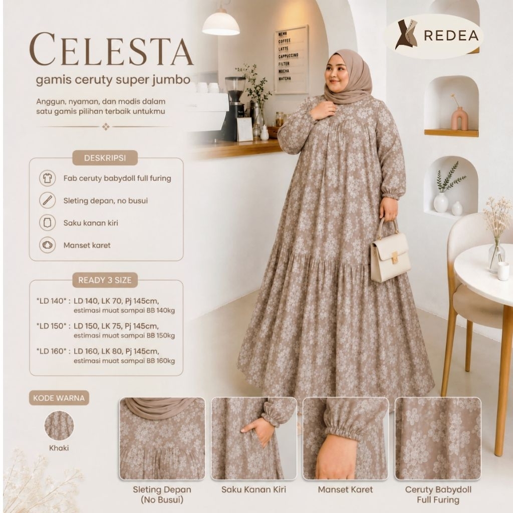 REDEA Celesta Gamis Ceruty Super Jumbo LD 140 150 160 Khaki dengan Sleting Depan No Busui Saku Kanan