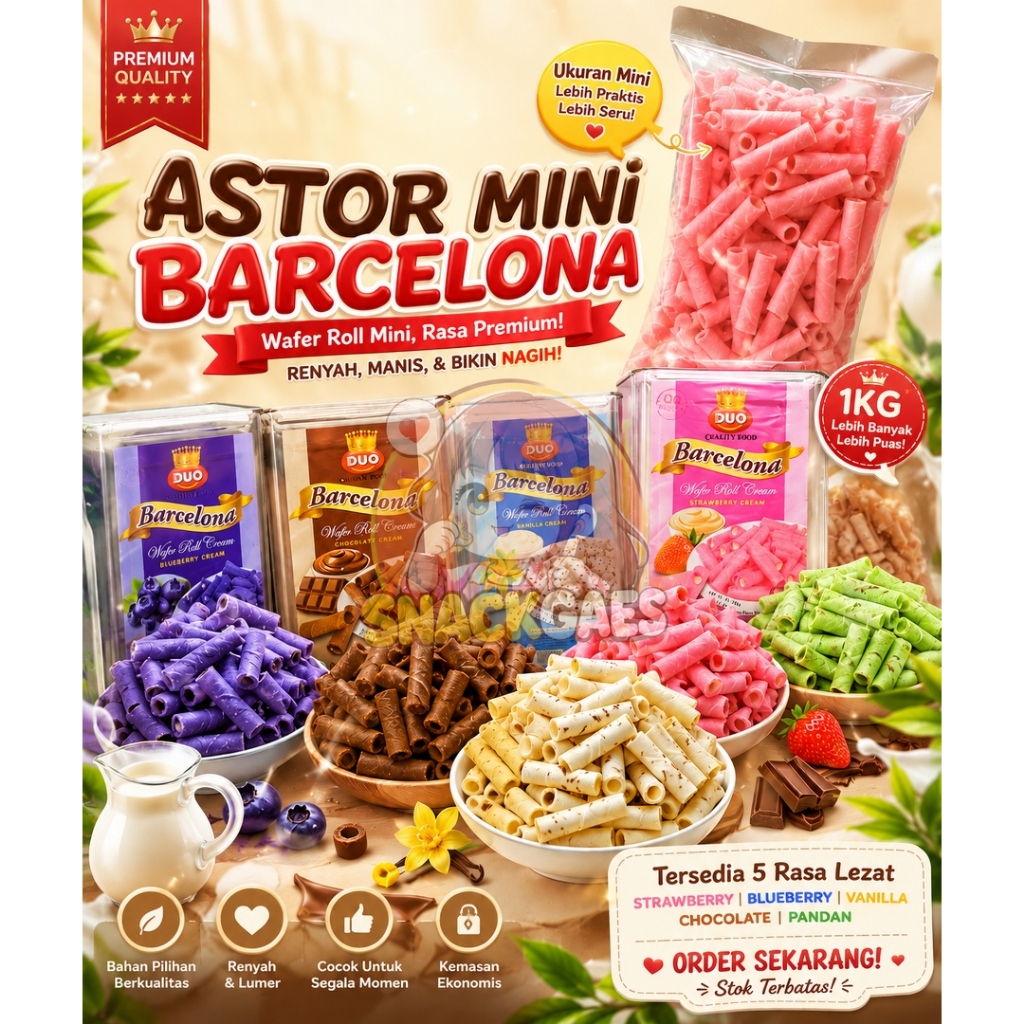 Astor mini rasa cokelat stroberi vanila pandan susu blueberry Barcelona Kaleng 4kg Grosir