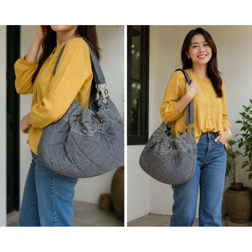 Tas wanita hobo serut jumbo bahan kain biru denim ala cendol