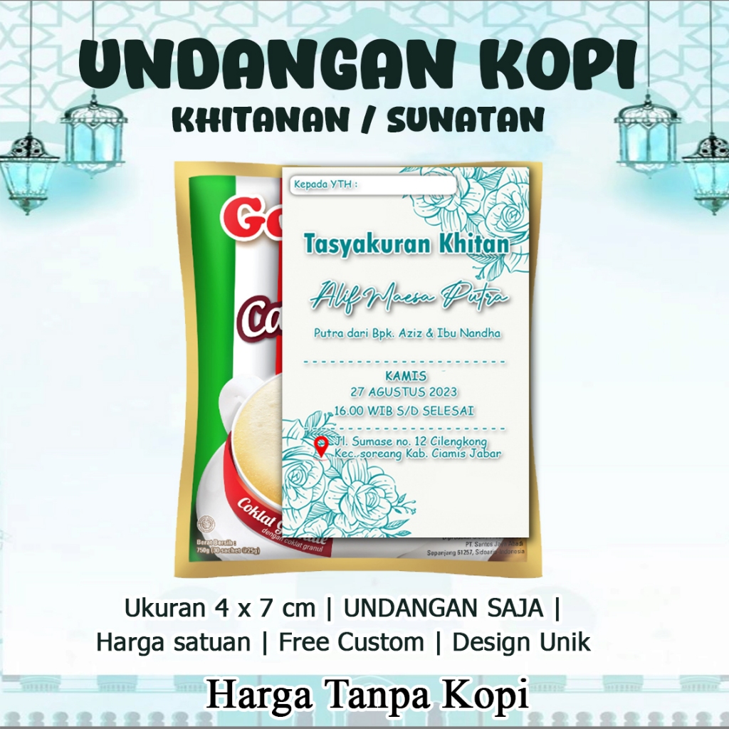 Undangan mini kopi KM 01 khitanan pernikahan ukuran 7.5 x 9 Cm bahan Karton BC