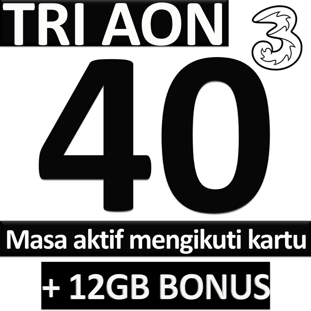Kuota Internet Tri AON 40GB + 12GB Bonus | Aktif Selama Kartu Aktif
