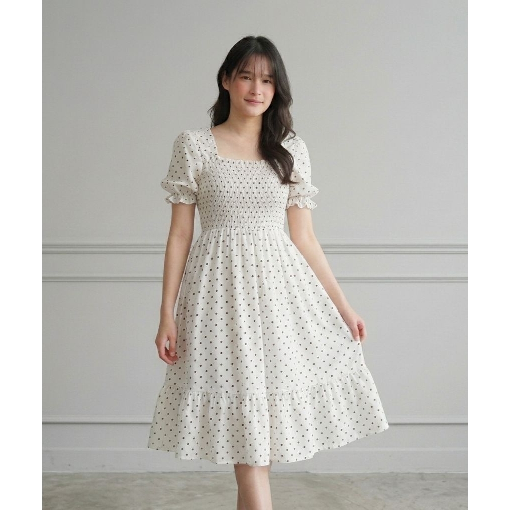 Midi Dress Korean Style Gaun Wanita Smoked Dress Daster Home Dress Bunga Smoke Dress Putih Polos