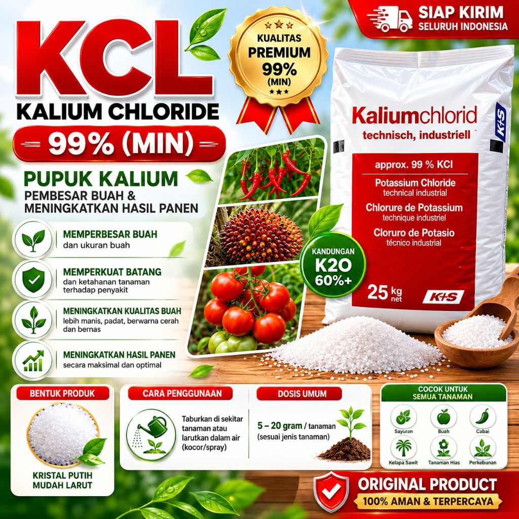 KCL Kalium Chloride 99% (MIN) 1Kg - Pupuk Kalium K2O 60%+ Pembesar Buah Meningkatkan Hasil Panen