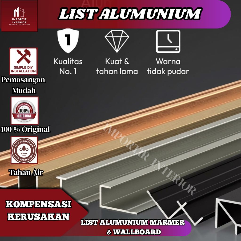 List Alumunium Wallboard PVC Marmer Panjang 290cm Penutup Celah Frame Edging Alumunium/ LIST ALUMUNI