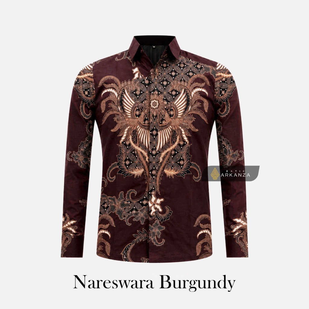 BATIK ARKANZA STORE Motif Nareswara Burgundy Kemeja Batik Premium Bahan Katun Lapis Furing INFLART