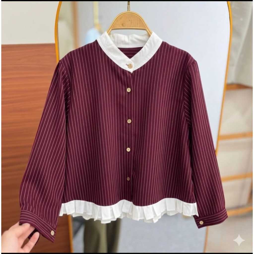 Blouse Kemaja Salur Wanita Rempel Korean Style Terbaru / Kemeja Crop Rempel  Salur Kombinasi Warna L