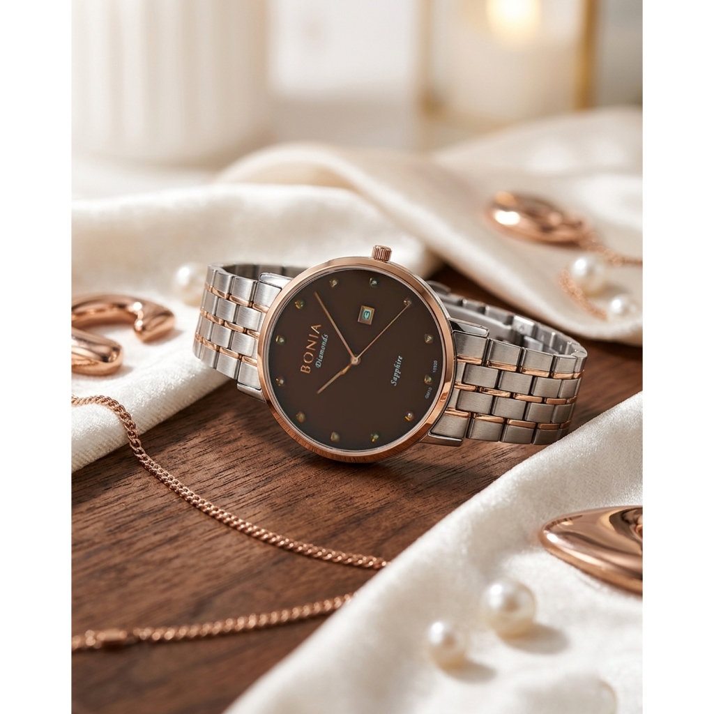 Jam Tangan Pria Bonia Diamond 100% Original Rose Gold- BNB10320-1647