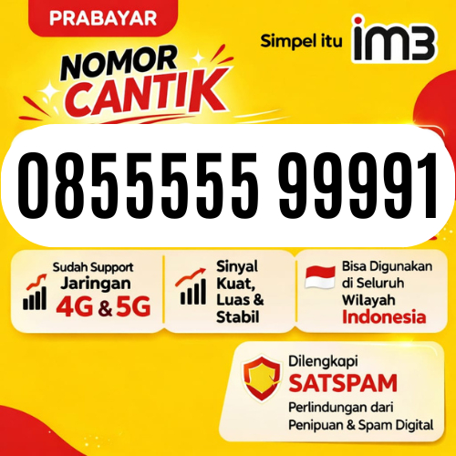 Nomor Cantik Im3 Indosat Ooredoo Jaringan 4G/5G Prabayar Tripel Kwartet Panca Hexa Ekor 9999 8888 55