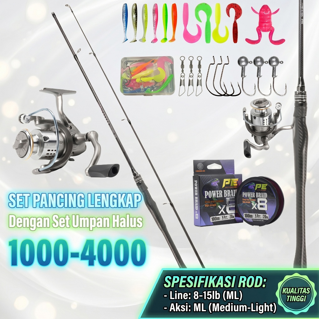 Set pancing ML + perlengkapan umpan lunak + senar PE + kail + reel. Tersedia berbagai ukuran dan mod