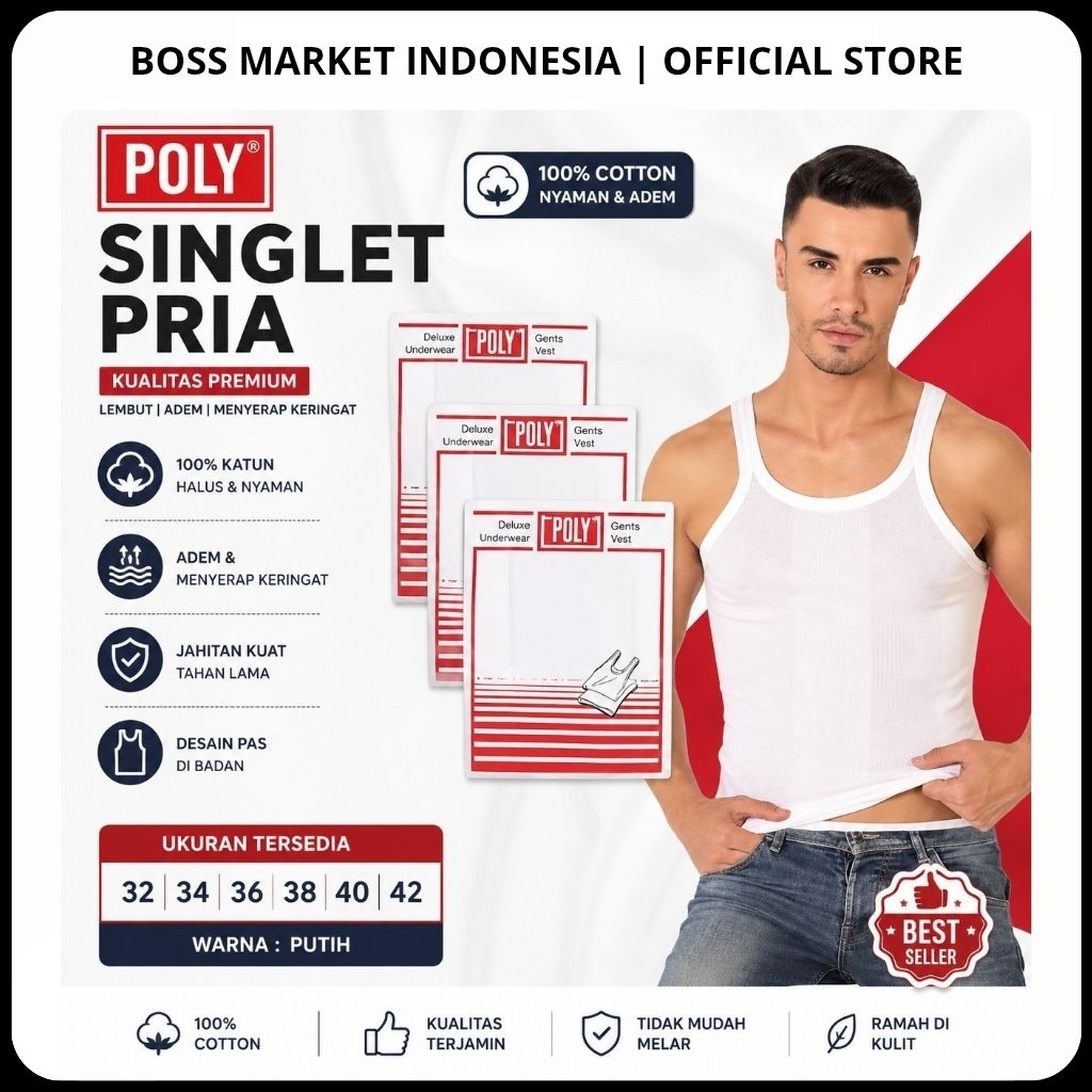 Singlet Dewasa Pria Poly 100% Cotton Original - Singlet POLY Adem Lembut Awet Nyaman