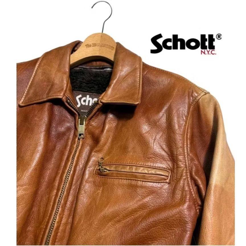 Schott NYC Vintage AT101 Double Halfbelt Single Rider Leather Biker Jacket X Jaket Kulit Kerah Daun 