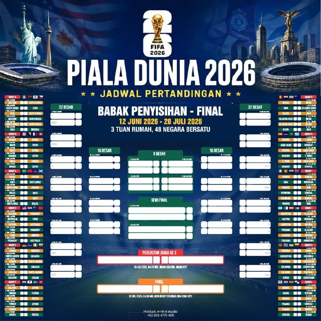 POSTER & BANNER JADWAL PIALA DUNIA FIFA WORLD CUP 2026 UKURAN KERTAS A3+, BANNER 1 X 1M & 2 X 2M