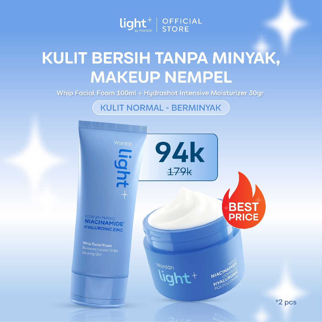 Lightplus by Wardah Moisturizer Paket 2 pcs Low pH Nano Niacinamide Whip Face Wash 100ml + Hydrashot