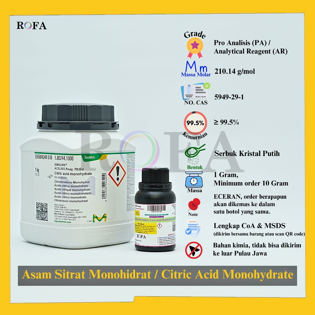 Asam Sitrat Monohidrat / Citric Acid Monohydrate / C6H8O7.H2O Pro Analisis Eceran 1 Gram