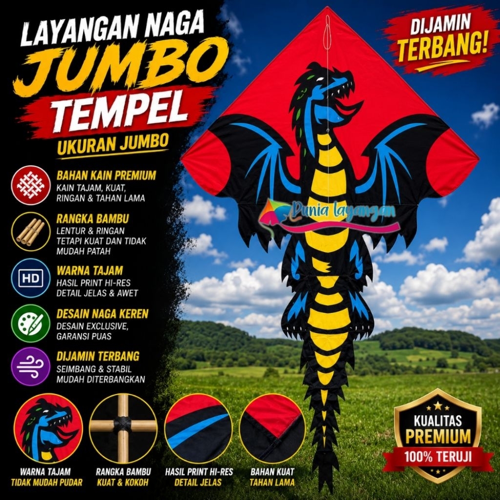 TERBARU LAYANGAN LIPAT KAIN PARASUT NAGA JUMBO EKOR PANJANG