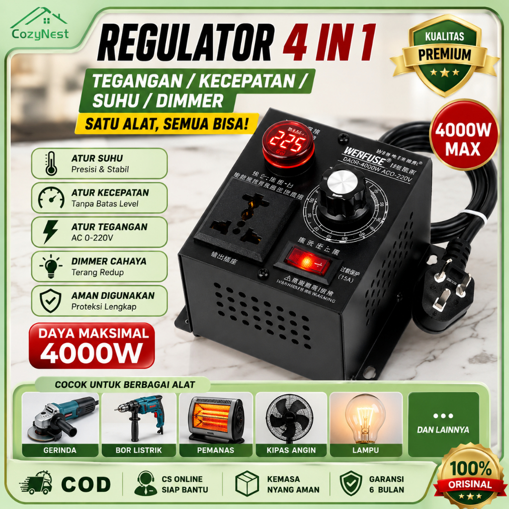 AC 220V 4000W Pengatur Kecepatan Regulator Dimmer Lampu Voltase Voltage Temperatur Light Speed Volt 