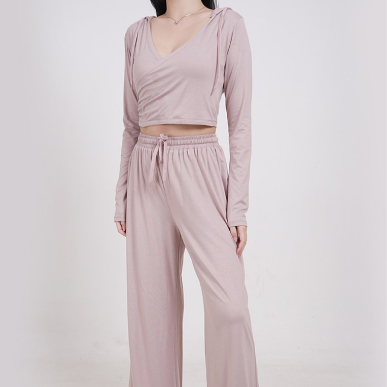 99kOUTLET One Set V Neck Long Sleeve Crop Top + High Waisted Soft Wide Leg Pants 1750 (S/M/L/XL)