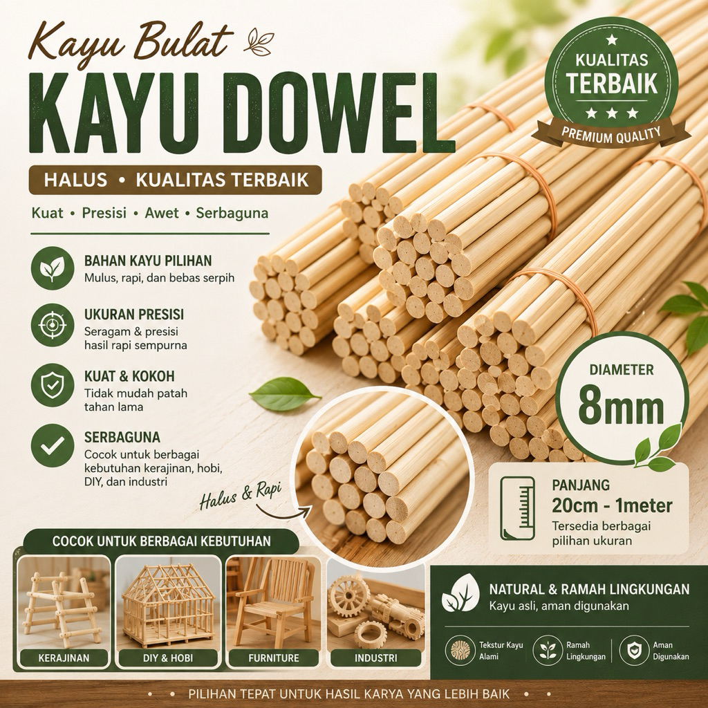 Kayu Dowel/ Kayu Stik/ Kayu Bulat/ kayu serbaguna - Diameter 8mm Panjang 20-1meter
