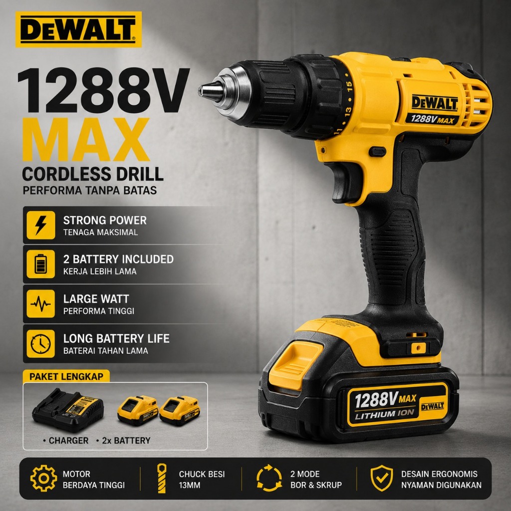 Dewalt 1288V Mesin Bor Listrik 3IN1, 2 Baterai Bor Listrik Murah Bor Tangan Baterai Besi Tembok Beto