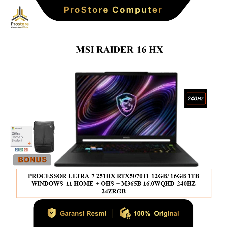 LAPTOP GAMING MSI RAIDER 16 HX RTX5070TI INTEL ULTRA 7 251HX 16GB 1TB W11 16" WQHD 240HZ 24ZRGB