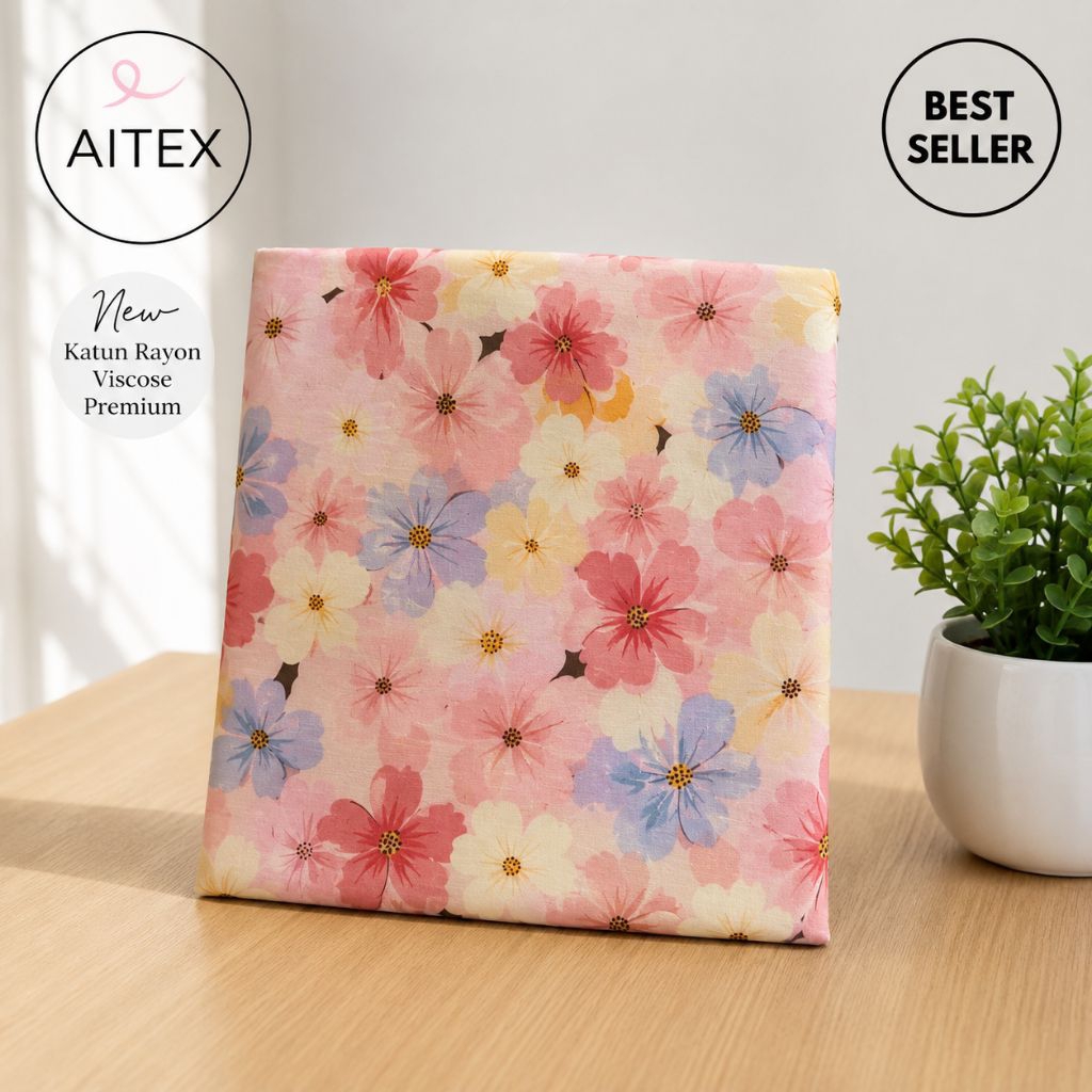 NEW ( Harga/0,5M) || Kain Katun Rayon Viscose Premium || Kain Motif Bunga Cantik Pastel Pink Biru  B
