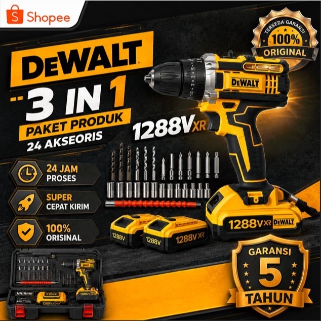 Dewalt 1288V Mesin Bor Listrik 3IN1, 2 Baterai Bor Listrik Murah Bor Tangan Baterai Besi Tembok Beto