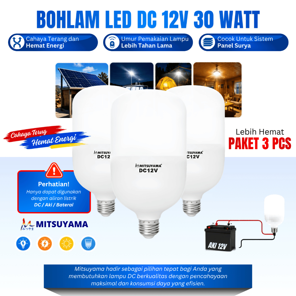 Paket Lampu Bohlam LED DC 12v 30 Watt 3 Pcs Mitsuyama Dioda Lampu Aki/Solar Panel LED 30 Watt E27