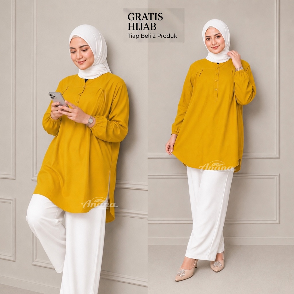 Baju Atasan Kemeja Blouse Wanita Busana Muslim Dewasa dan Remaja Kuning Kunyit Lengan Panjang Jumbo 