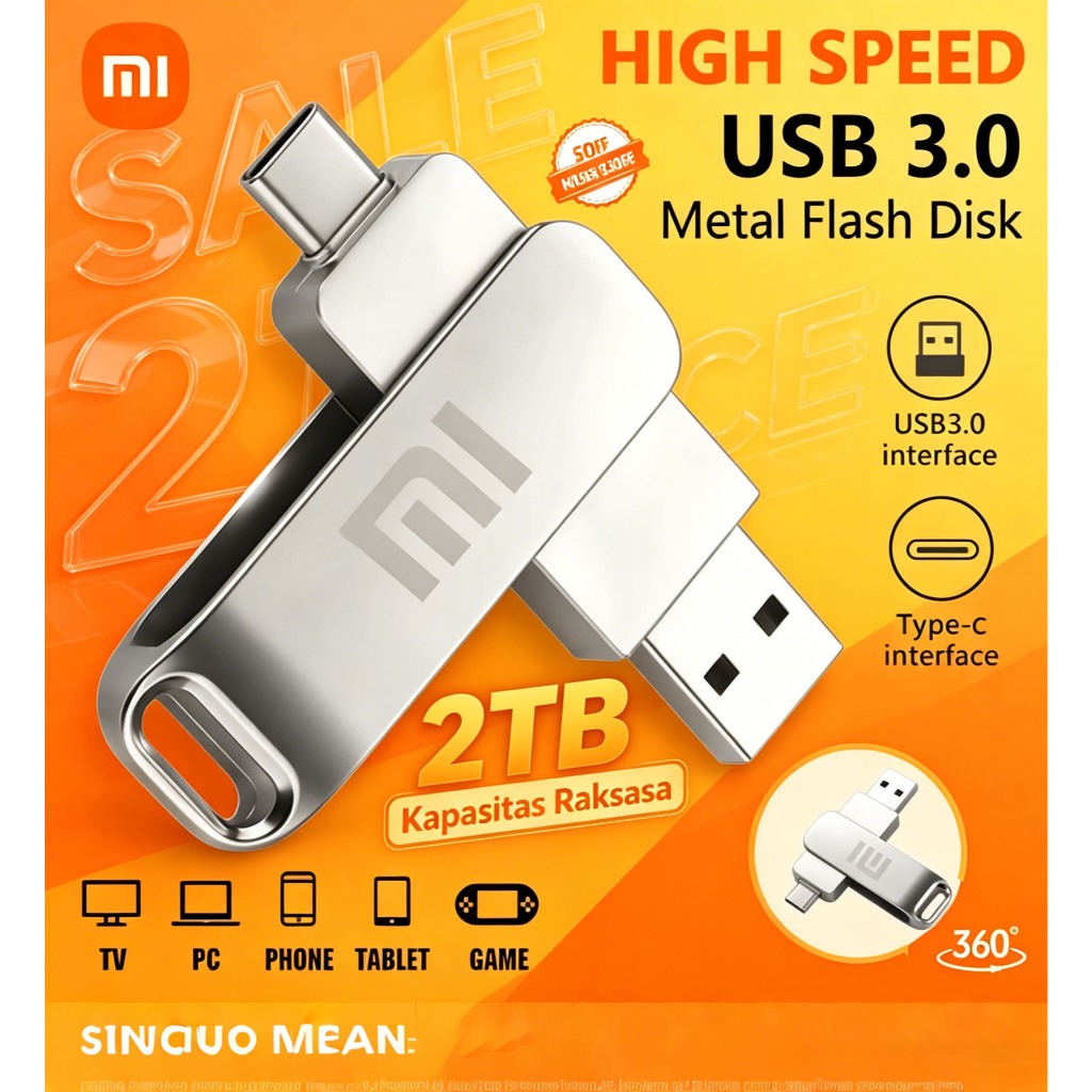 Flashdisk 2in1 High Speed Type-C USB 3.0 - 1TB/2TB Bodi Metal untuk Langsung Sambung ke Android dan 
