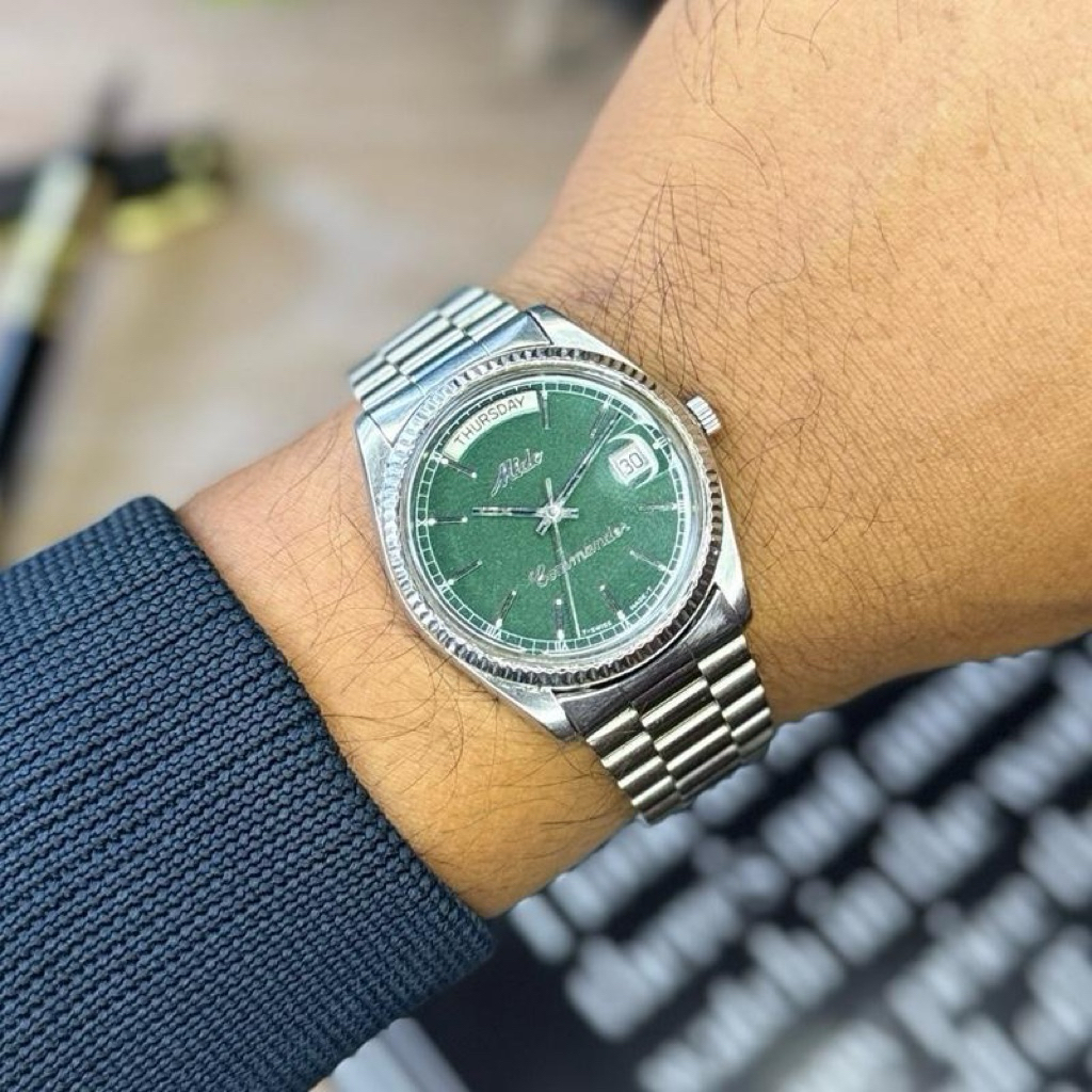 Vintage Mido Commander President Day-Date Automatic - Green Guilloche Dial Original rare
