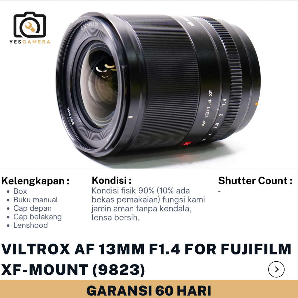 Viltrox AF 13mm F1.4 For Fujifilm X-Mount (Bekas) - Auto Focus, Lensa Prime Ultra - Wide, Tahan Debu