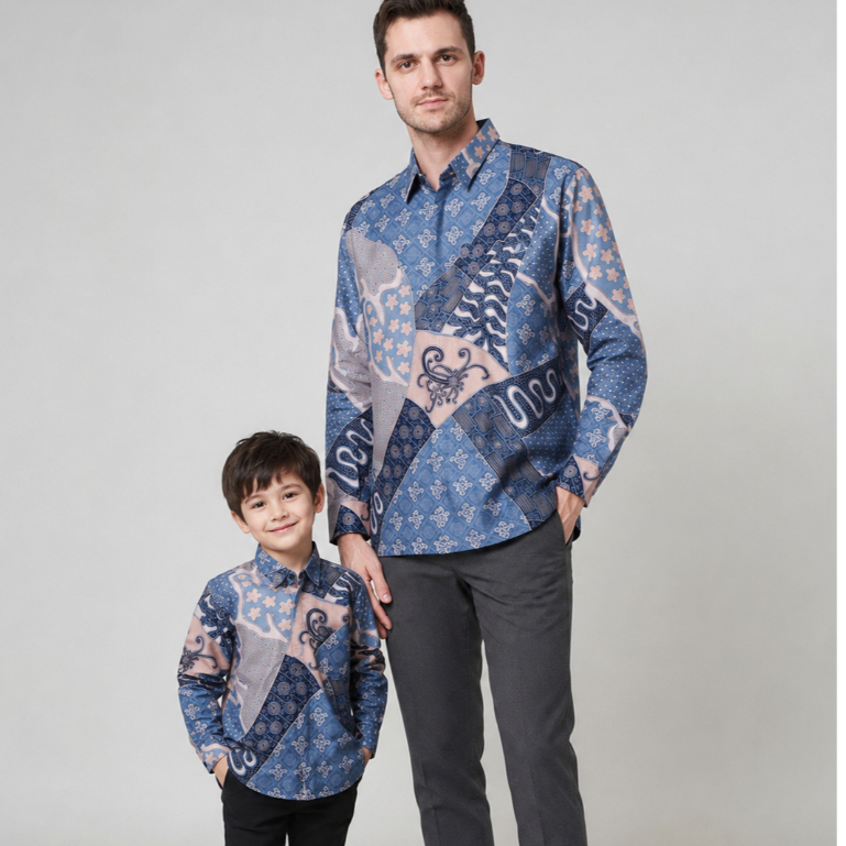 Batik Warna BIRU DENIM UBUR, Kemeja Batik Couple Ayah Anak Warna BIRU DENIM, Batik Katun Solo Premiu