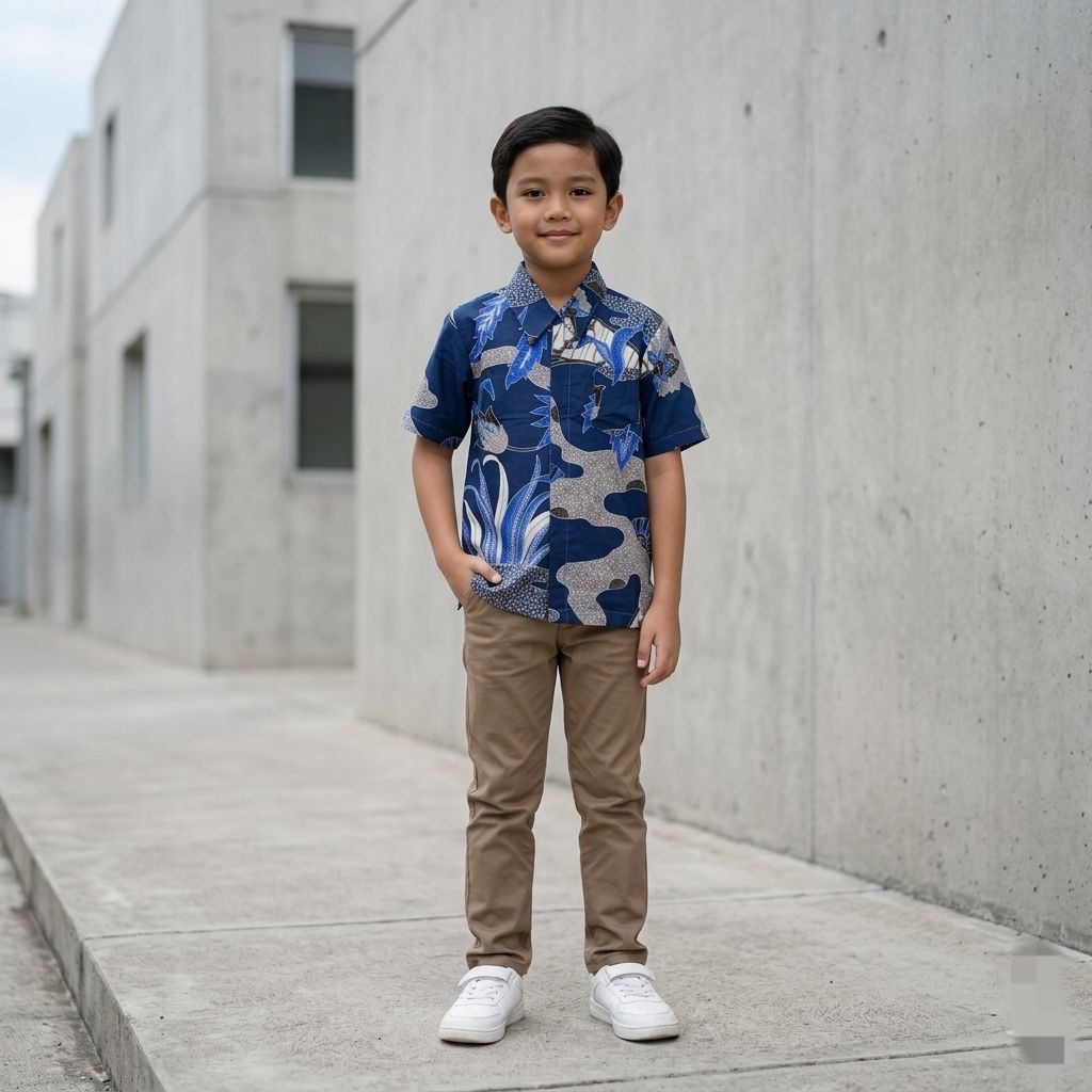 Batik Anak Laki Laki Biru Navy Untuk Usia 3-10 Tahun Bahan Katun Signature - Fatih Batik Medan