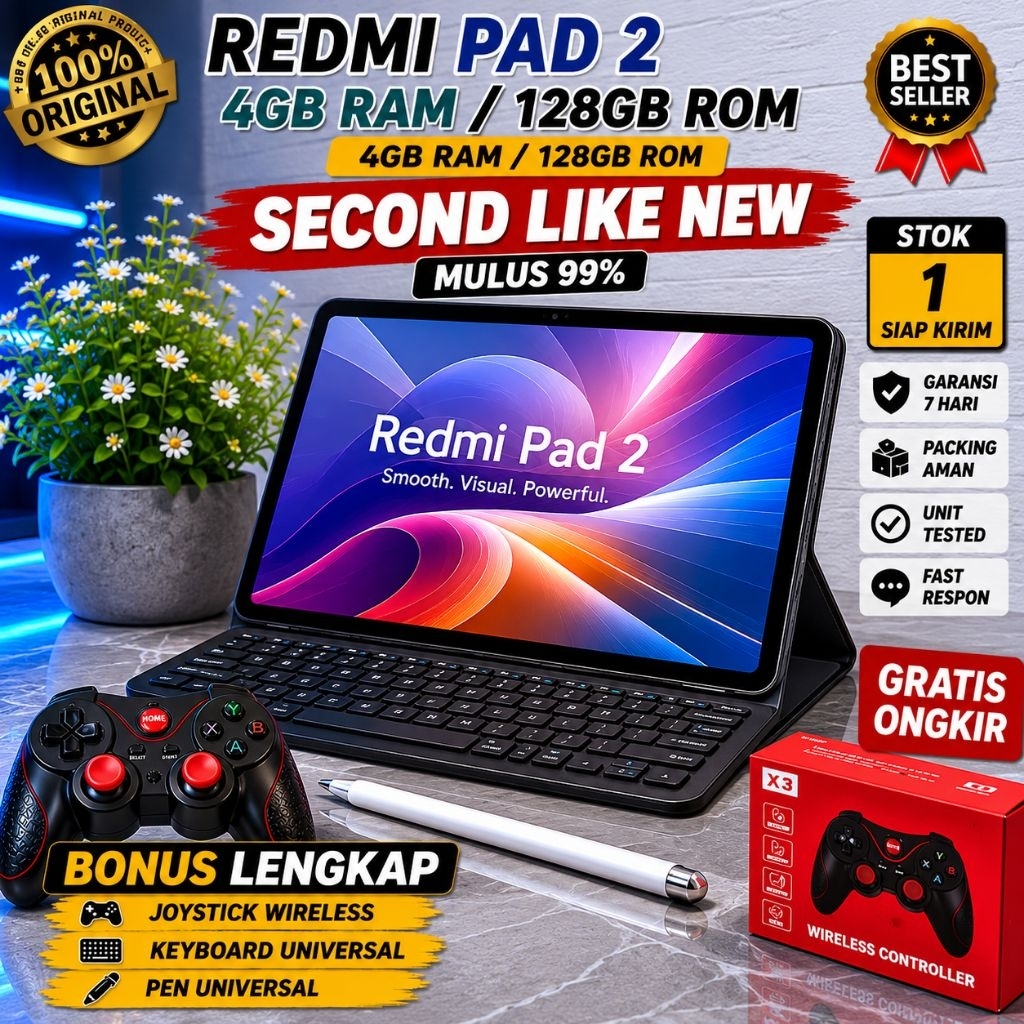 Xiaomi Redmi Pad 2 RAM 4/128GB Bekas Mulus Tablet Sekolah Kuliah Bonus Keyboard Pen Joystick Lengkap