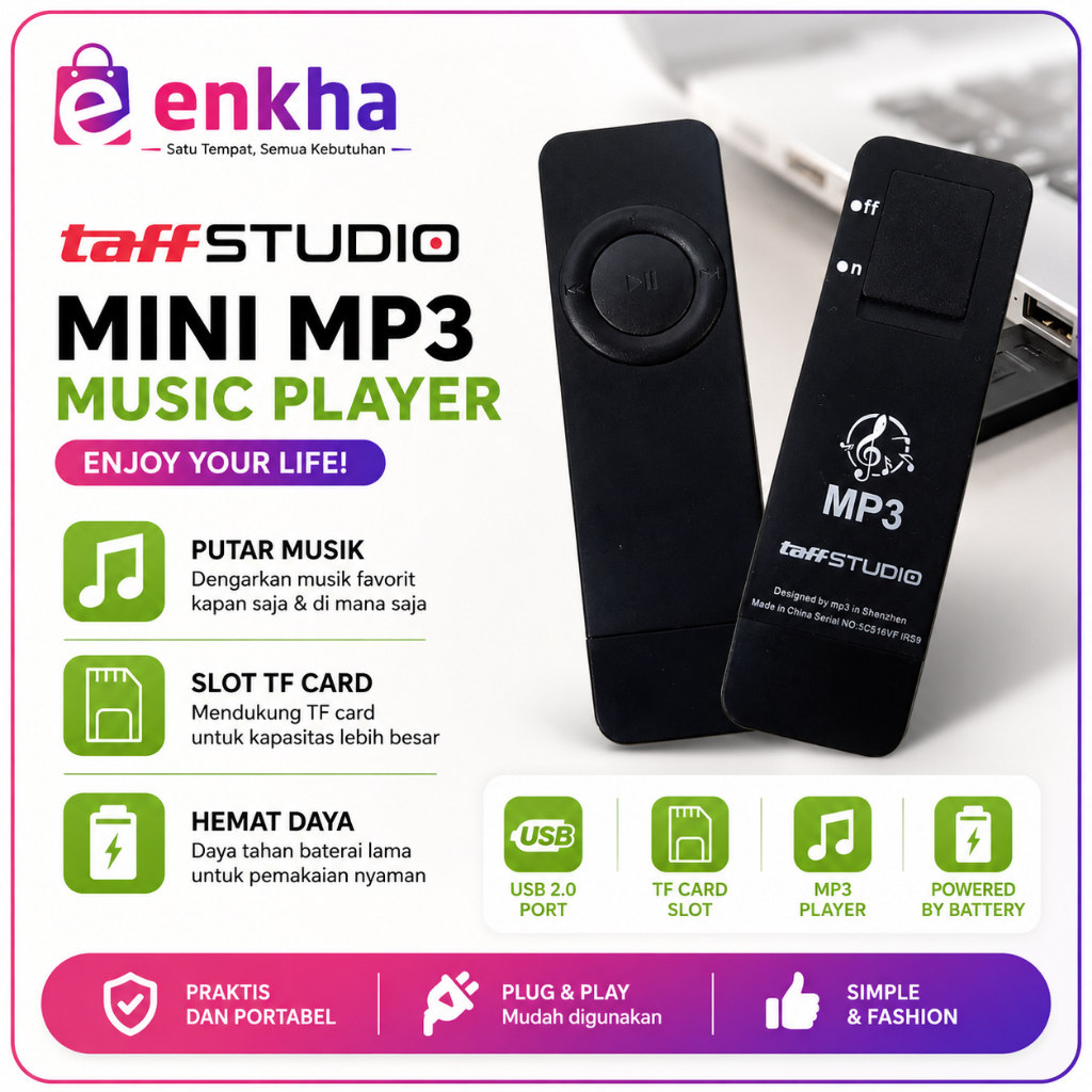 TaffSTUDIO MP3 Player Portable Mini USB 2.0 TF Card - Desain Kompak, Baterai Tahan Lama, Dukungan Fo