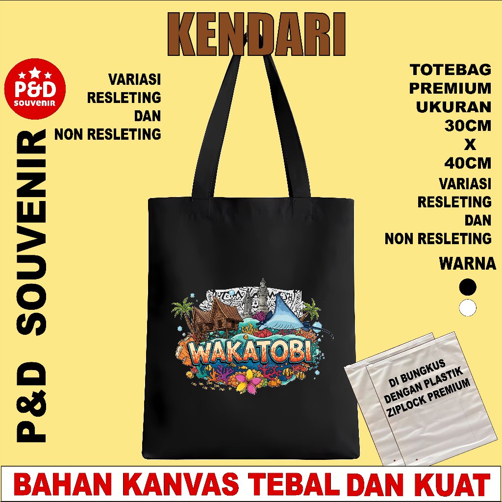 TAS TOTEBAG SOUVENIR OLEH OLEH KENDARI WAKATOBI (A) BAHAN KANVAS TEBAL DAN HALUS UKURAN 30X40CM