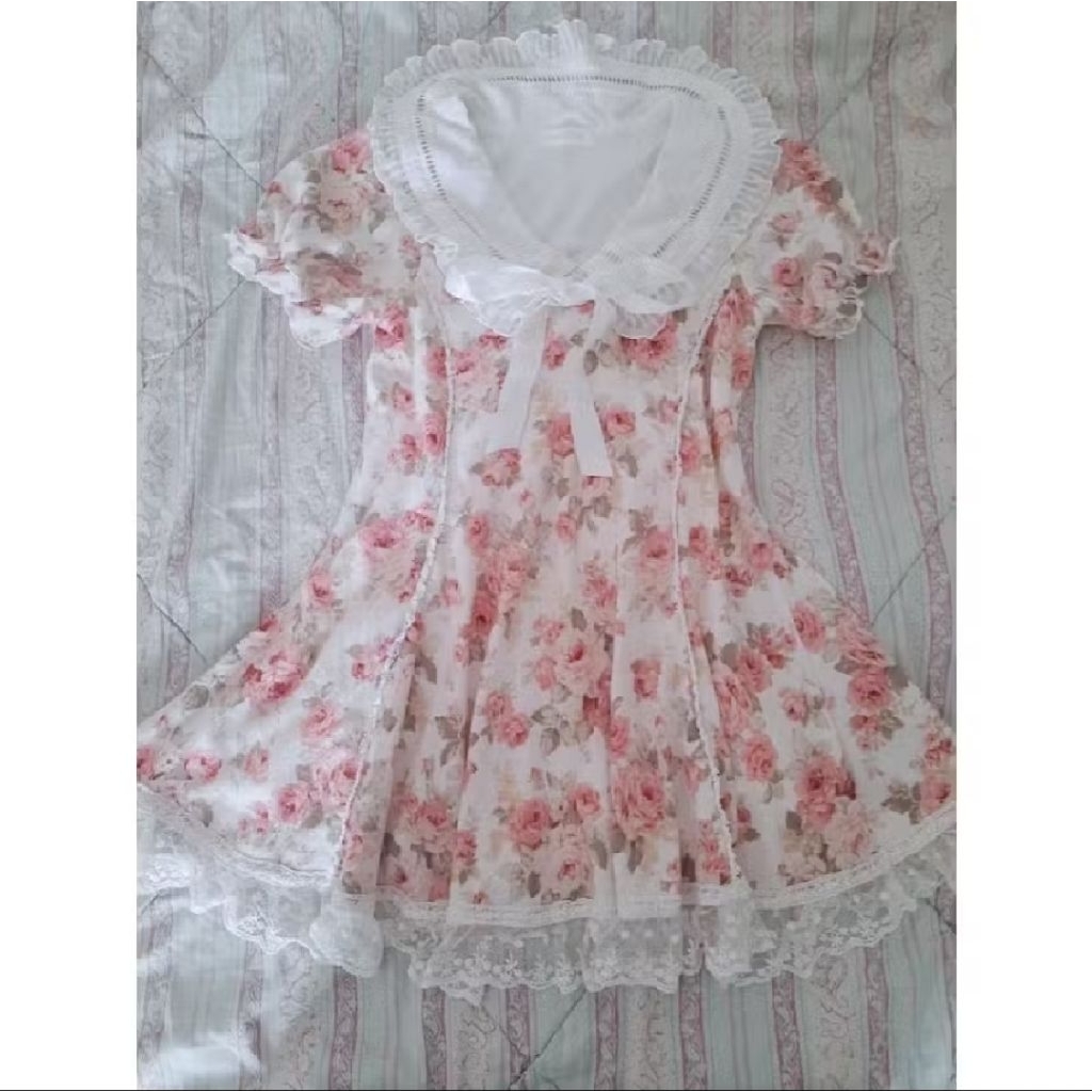 liz lisa dress coquette floral pink bunga renda sailor