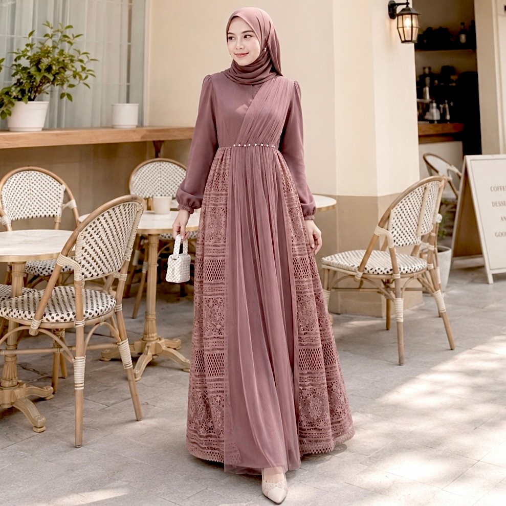 EmmaQueen - Dress Heidy gamis Katun Adem Kombinasi Tile Brukat terbaru 2026 model mewah mix Mutiara 