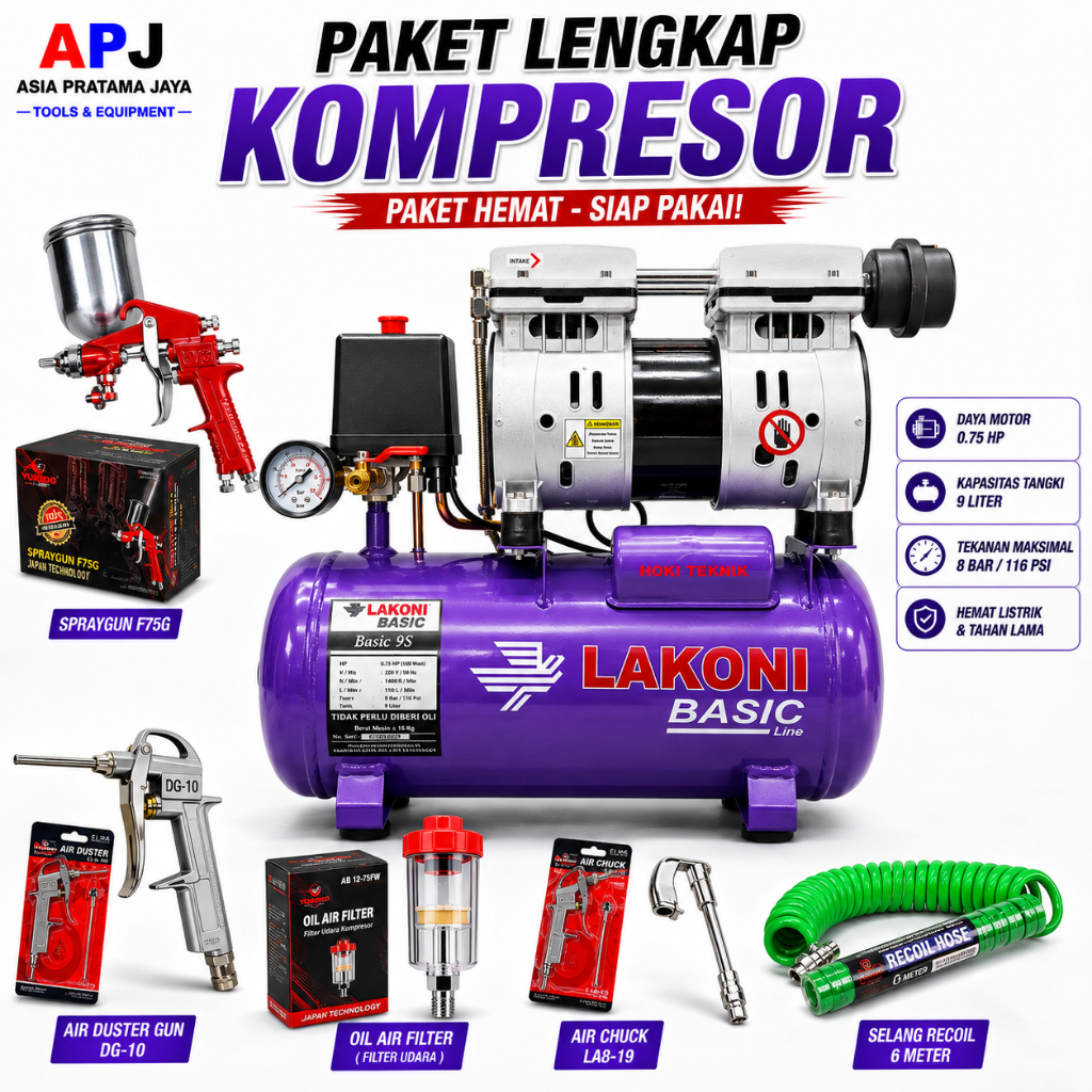 PAKET LAKONI Kompresor Angin Portable Oilless 1 HP 9 LITER Mini Air Compressor Udara + Spray Gun 75G